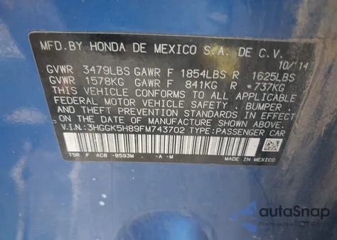 2015 Honda Fit Ex/Exl from USA, damaged, VIN 3HGGK5H89FM743702